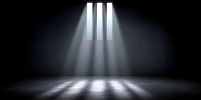 Dark Prison Cell Room with Three Bars Window Light Rays photo