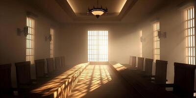 Sunlit Long Wooden Table in Old Room with Windows and Wall Lights photo