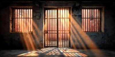 Old Prison Cell Sunlight Through Bars Gate Windows photo