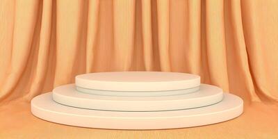 Three Tiered Round Display Platform Orange Curtain Background photo