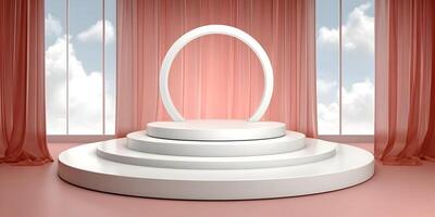 White Round ThreeTiered Podium Stage with Oval Frame Pink Curtains and Window Background photo