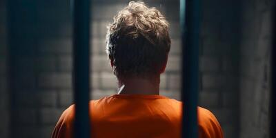 Prisoner in Orange Jumpsuit Behind Bars Jail Cell Inmate Confinement photo