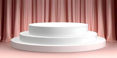 Three Tiered White Display Platform Pink Curtain Background photo