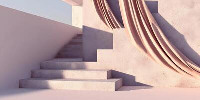 Beige Concrete Stairs Minimalist Product Display Peach Fabric Drape photo