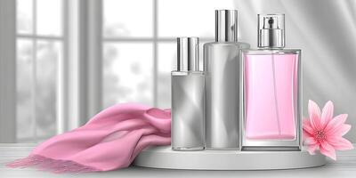 Pink Perfume Bottles Mockup with Pink Fabric and Flower on White Display photo