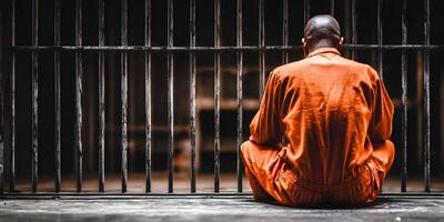Prisoner in Orange Jumpsuit Sitting Before Jail Bars photo