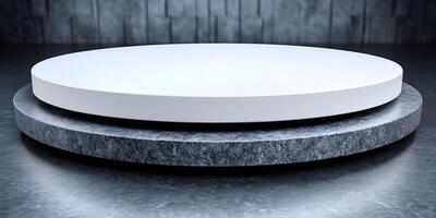 White Round Display Platform on Gray Stone Base Dark Background photo