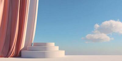 white pedestal with pink curtain and sky background 3d render photo