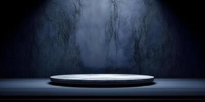 Dark Room Marble Pedestal Display Stand Product Showcase Stage Presentation photo