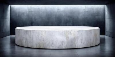 a round table in a dark room with concrete walls photo