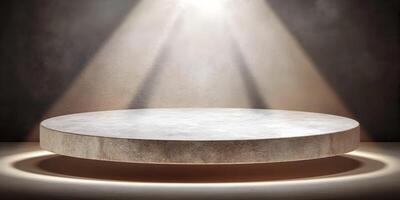 Round Stone Pedestal Display Platform Beige Concrete Texture Background Studio Lighting photo