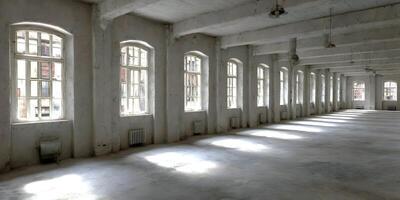 Empty Industrial Loft Space with Large Windows and High Ceiling Sunlight Streaming Through photo