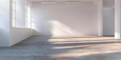 Empty White Room Sunlight Wooden Floor Large Windows Minimalist Interior Design photo