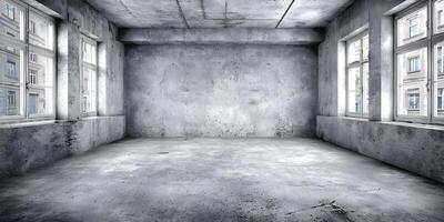 Empty Room Concrete Walls Floor Large Windows Building Interior photo