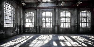 Old Abandoned Factory Room Sunlight Through Windows Industrial Building Interior Grey Walls photo