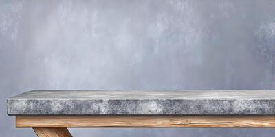 Stone Tabletop on Wooden Base Against Gray Wall Background Mockup photo