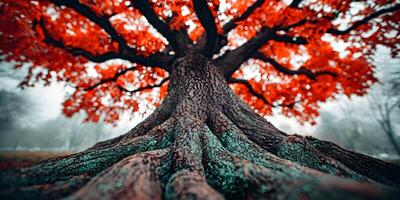 Low Angle View of Large Tree with Red Autumn Leaves and Exposed Roots photo
