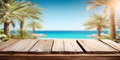 wooden table top over the beach with palm trees photo