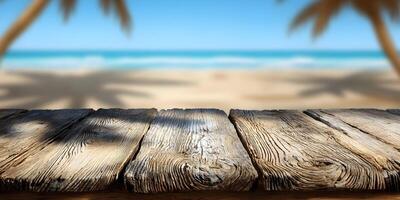 Beach Summer Wooden Table Top BackgroundOcean View Palm Tree Shadows photo