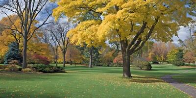 Autumn Park Scene Golden Maple Tree Green Grass Path Fall Foliage Colorful Trees Landscape photo
