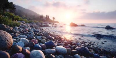 Sunrise Ocean Coastline Pebble Beach Rocks Sunlight Scene photo