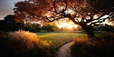 Autumn Park Sunset Landscape Tree Grass Path Building Background photo