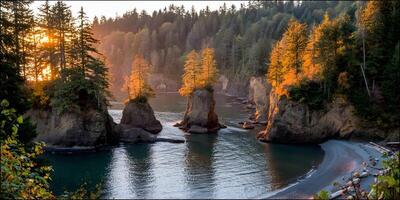 Sunset at Ocean Coastline with Three Rock Islands Trees and Forest photo