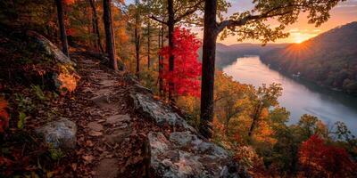 the sun sets over a river and trees in autumn photo