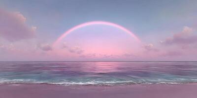 Pink Ocean Sunset with Rainbow Beach Scene Calm Sea Sky photo