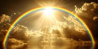Golden Hour Rainbow over Calm Ocean Dramatic Sky Cloudscape photo