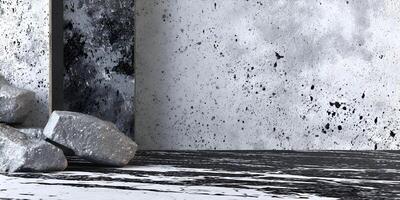 Grey Stones on Black and White Marble Floor with Concrete Wall Background photo