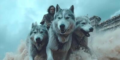 Man Riding Three Wolves Through Dusty Ruins Fantasy Artwork photo