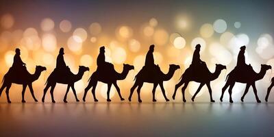 Silhouette of Three Wise Men Riding Camels on Festive Bokeh Background photo