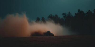Tractor Working at Dusk Dust Cloud Farmland Field Agriculture Machinery photo