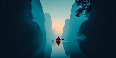 Person Kayaking through Misty Mountain River Gorge Calm Water Scene photo
