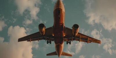 Airplane Landing Below Cloudy Sky View from Below photo