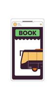 autobús reserva interfaz en teléfono inteligente 2d dibujos animados vertical animación. reserva paseo en autobus viajar. transporte aplicación móvil pantalla animado plano vistoso objeto 4k aislado en blanco video