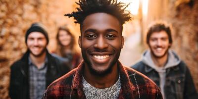 Smiling Black Man with Friends in Alleyway Happy Group Portrait photo