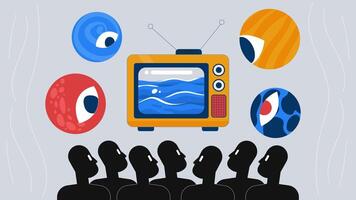 Audience watching television with surreal planetary eyes 2D animation concept. Retro TV cosmic viewers. Media influence broadcasting animated cartoon flat metaphor creative 4K stop motion video