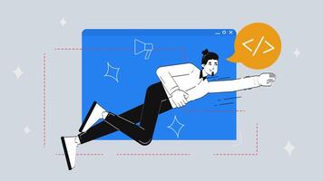 superhéroe descifrador volador fuera navegador ventana 2d animación concepto. Lanza libre programador superpotencia. backend frente final web desarrollador héroe animado dibujos animados plano metáfora creativo 4k detener movimiento video