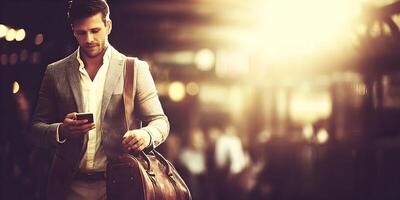 Man in Gray Suit Using Smartphone Walking Outdoors photo