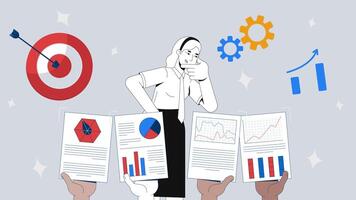 Data-driven decision making and business analytics 2D animation concept. KPI analysis efficiency. Performance manager woman rubbing chin animated cartoon flat metaphor creative 4K stop motion video
