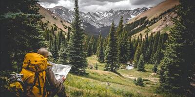 Hiker with Yellow Backpack Studying Map in Mountain Valley photo