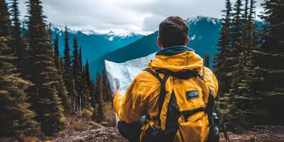 Man in Yellow Jacket with Backpack Studying a Trail Map in Mountains photo