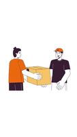 Male courier handing package to recipient 2D characters vertical animation. Successful order fulfillment. Parcel handover diverse men animated people cartoon 4K isolated on white transparent video