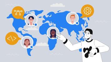 global Programas desenvolvimento e empregos terceirização 2d animação conceito. recrutamento talento. mundo mapa com diverso desenvolvedores controlo remoto equipe animado desenho animado plano metáfora criativo 4k Pare movimento video