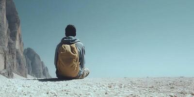 Person with Backpack Sitting on Mountaintop Scenic View photo