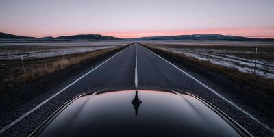 Open Road Scenic Drive at Sunset Winter Landscape Mountains Car Roof Top View photo