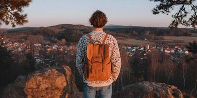 Person with Backpack Overlooking Scenic Town Sunset View photo