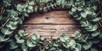 Eucalyptus Leaves Frame On Rustic Wooden Background photo